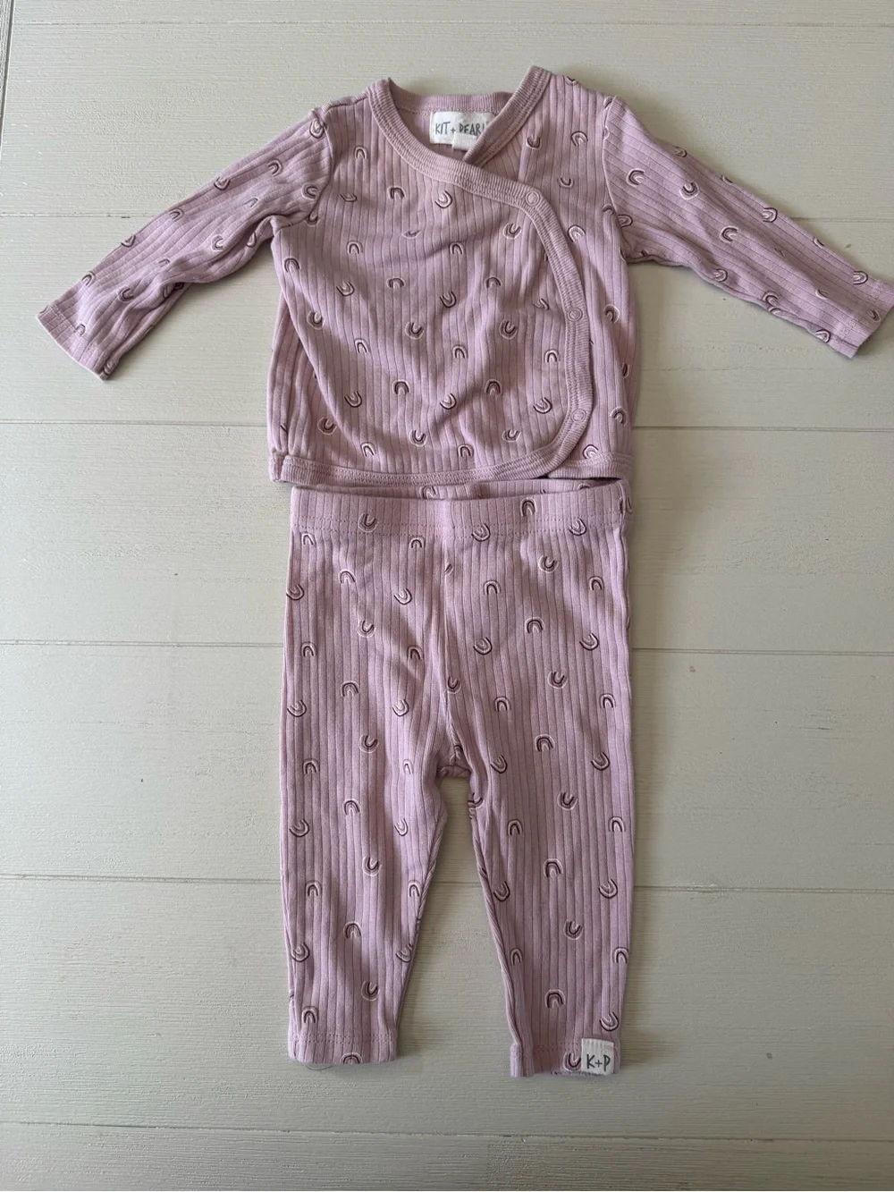 Kit + Pearl 3–6 Months Ribbed Two-Piece Set – Mauve Rainbow Print